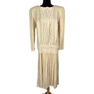 Vintage Yellow Silk Damask Drop Waist Granny Dress - Women's Size 10